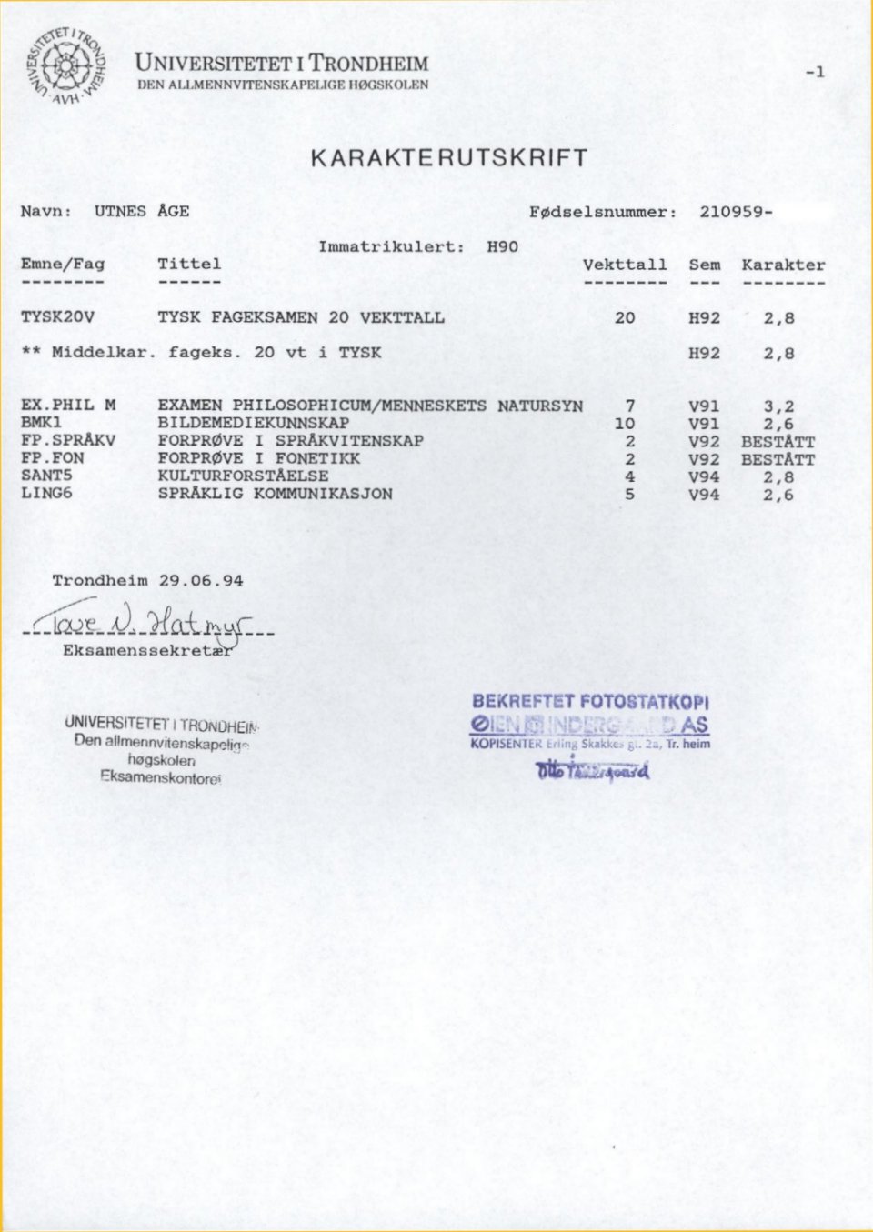 Faksimile av karakterutskrift fra Universitetet i Trondheim, 1991-94