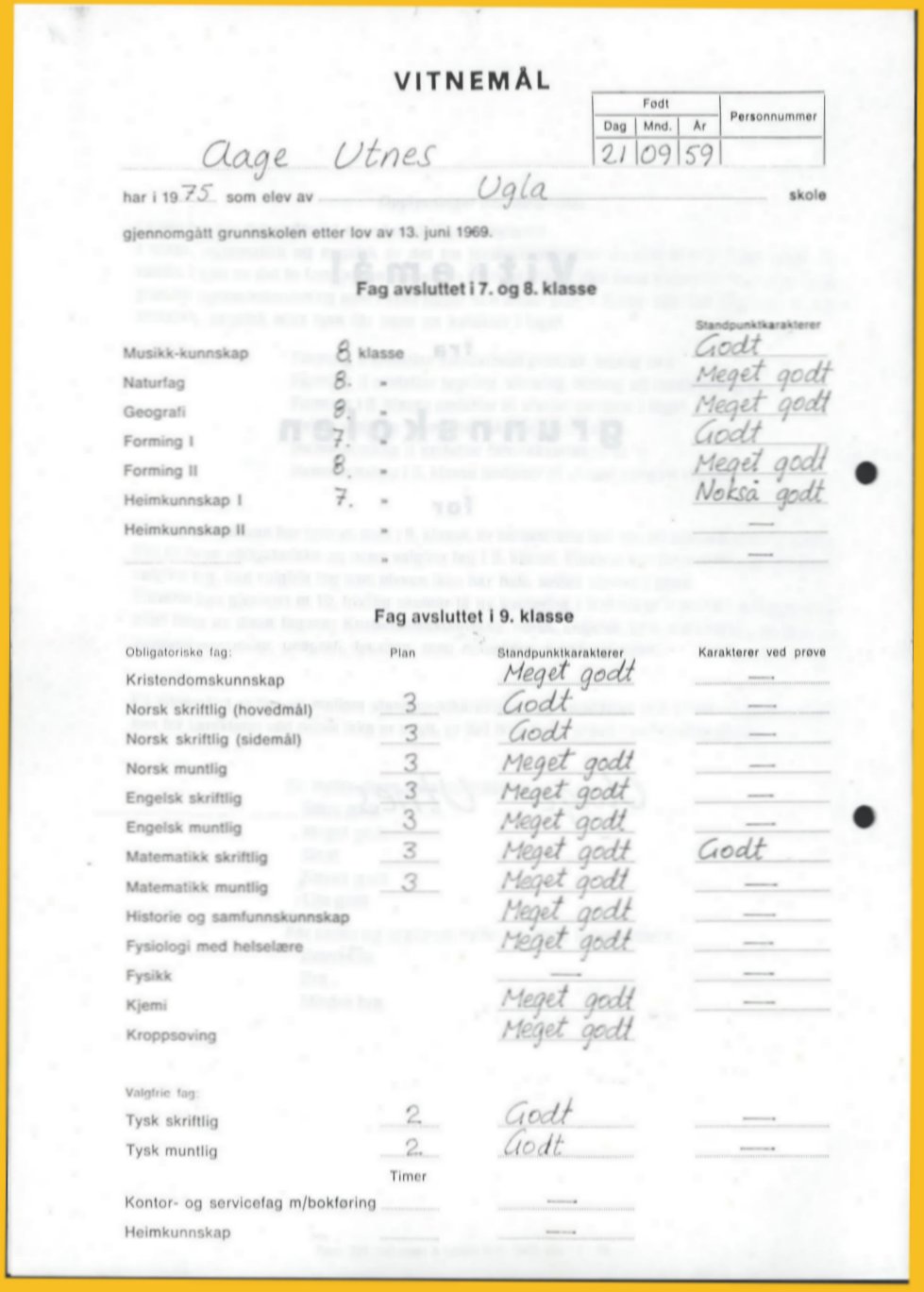 Vitnem&aring;l for grunnskolen, 1975, f&oslash;rste karakterside