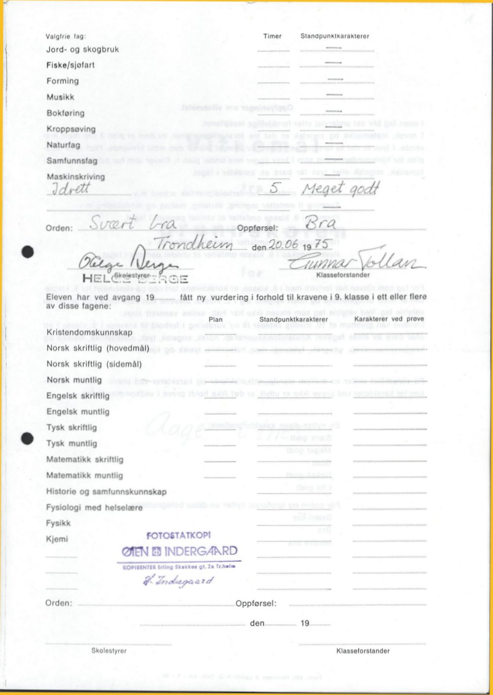 Vitnem&aring;l for grunnskolen, 1975, andre karakterside