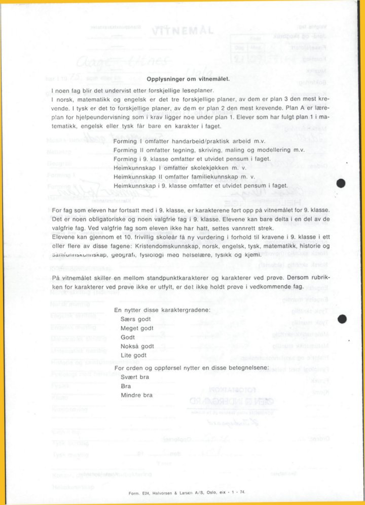 Opplysninger om vitnem&aring;l for grunnskolen, 1975