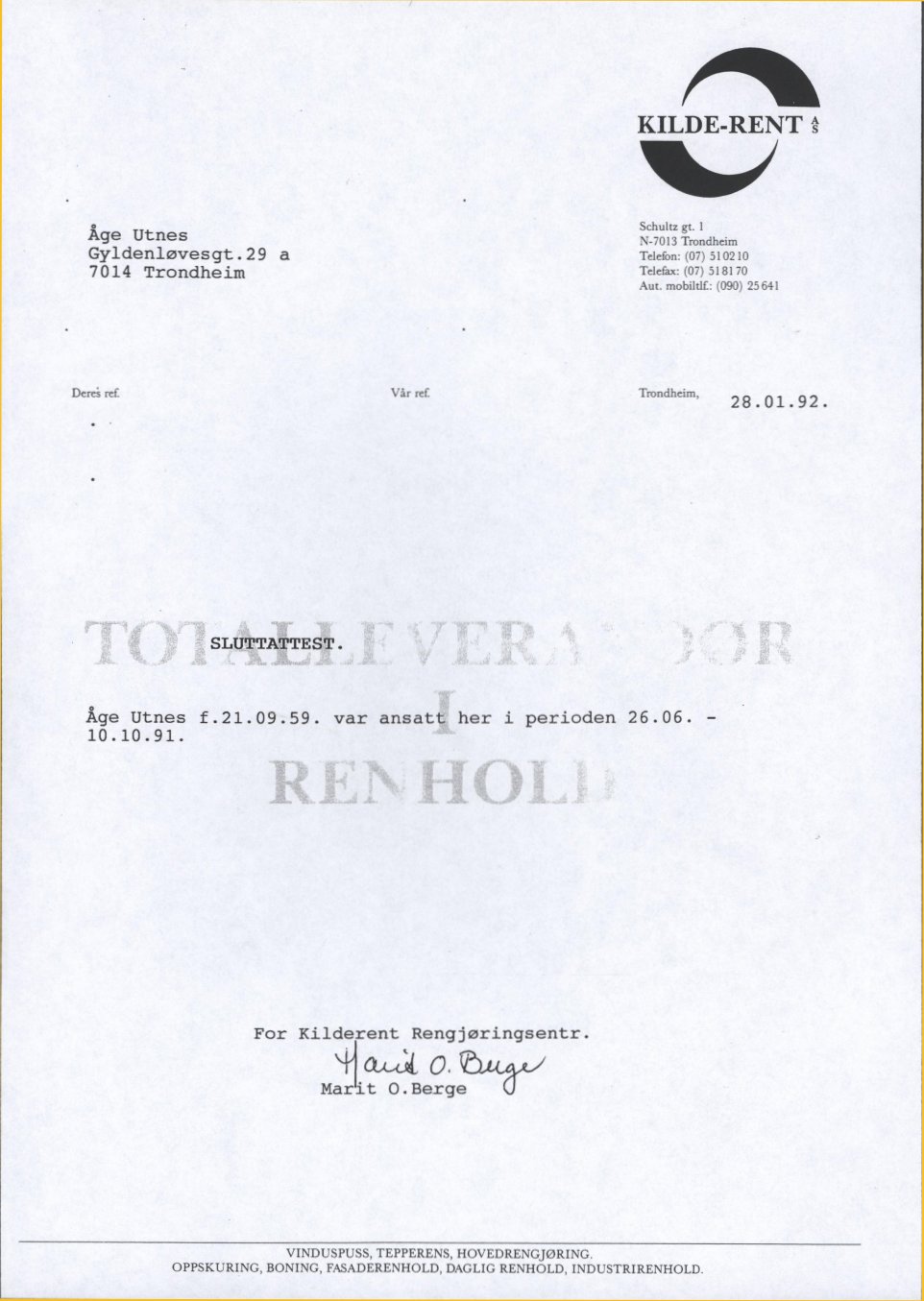 Attest fra Kilderent 1991, vindus- og rundvask