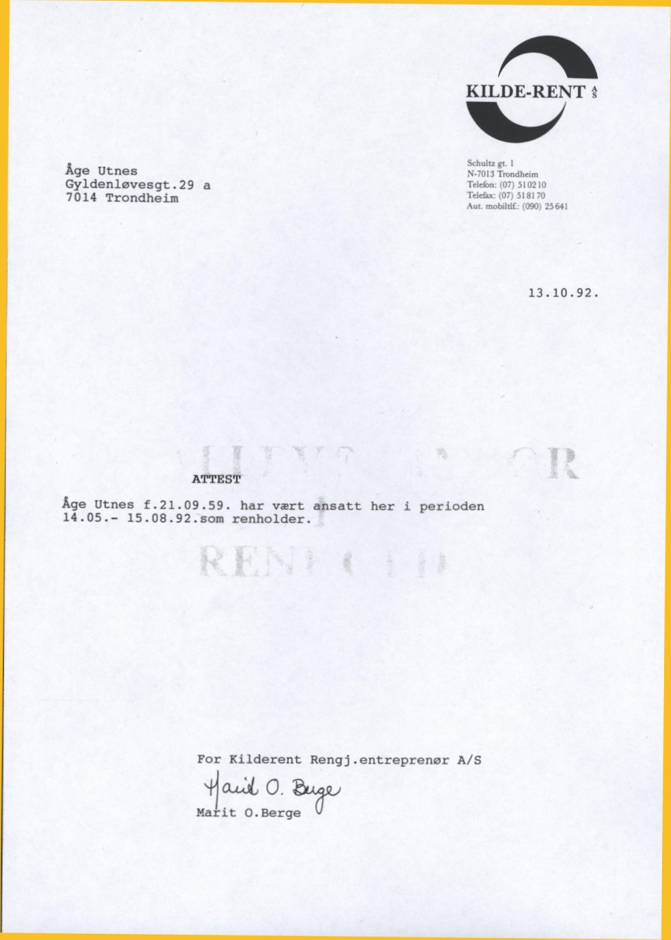 Attest for vindus- og rundvask, Kilderent 1992