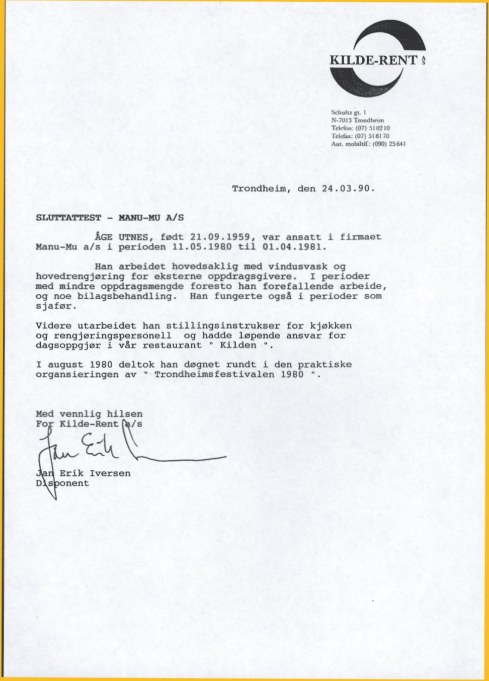 Attest for arbeid for Manu-Mu, 1980-81