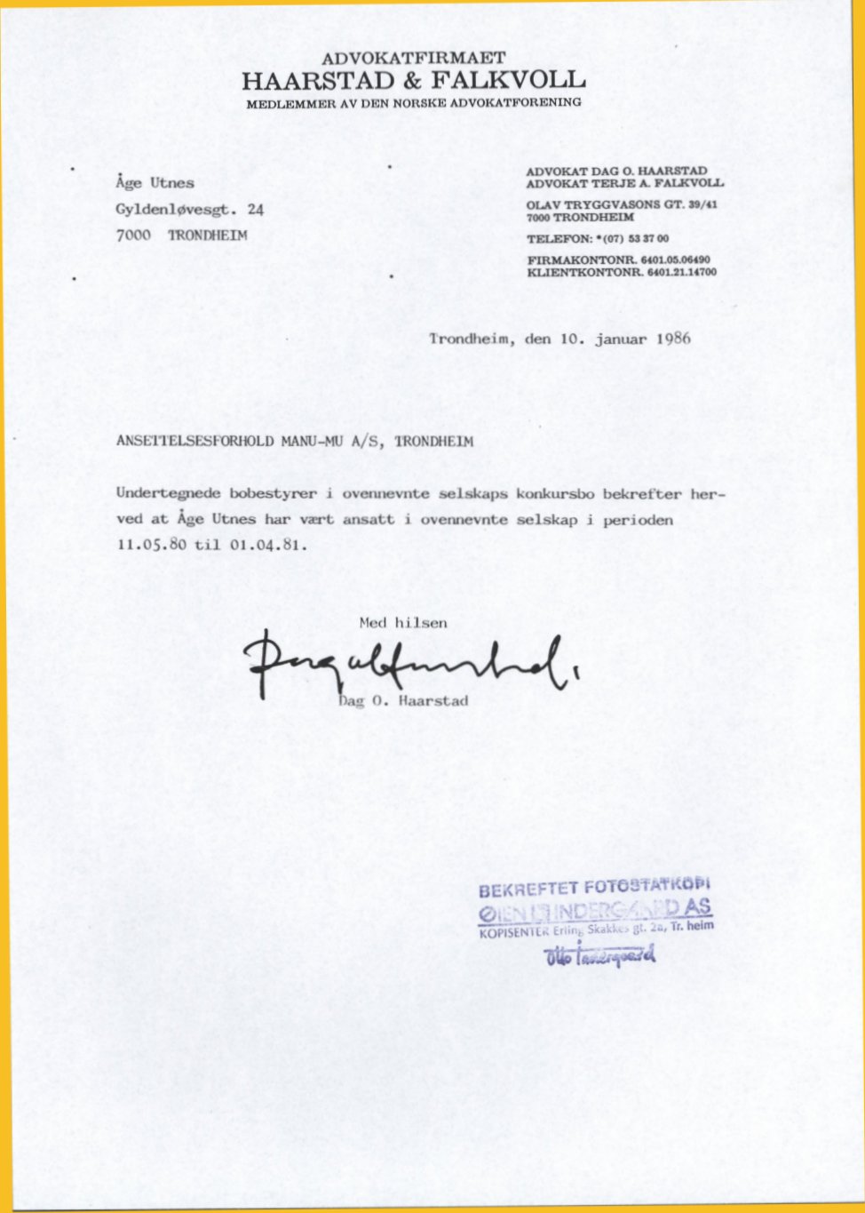 Attest fra Manu-Mu, 1980-81, bekreftet av konkursboets advokat