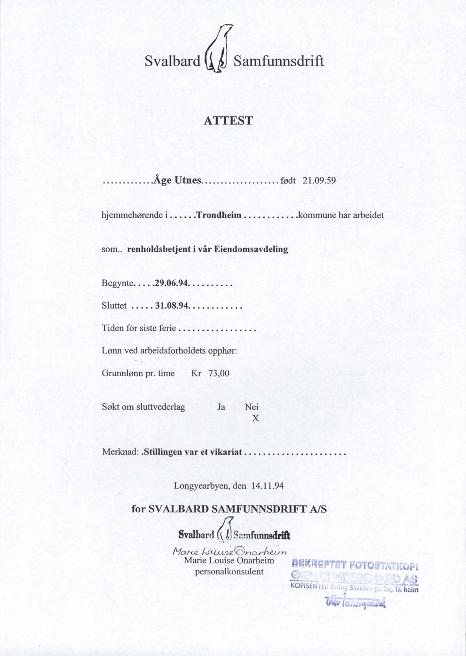 Renholdsarbeid, SSD 1994