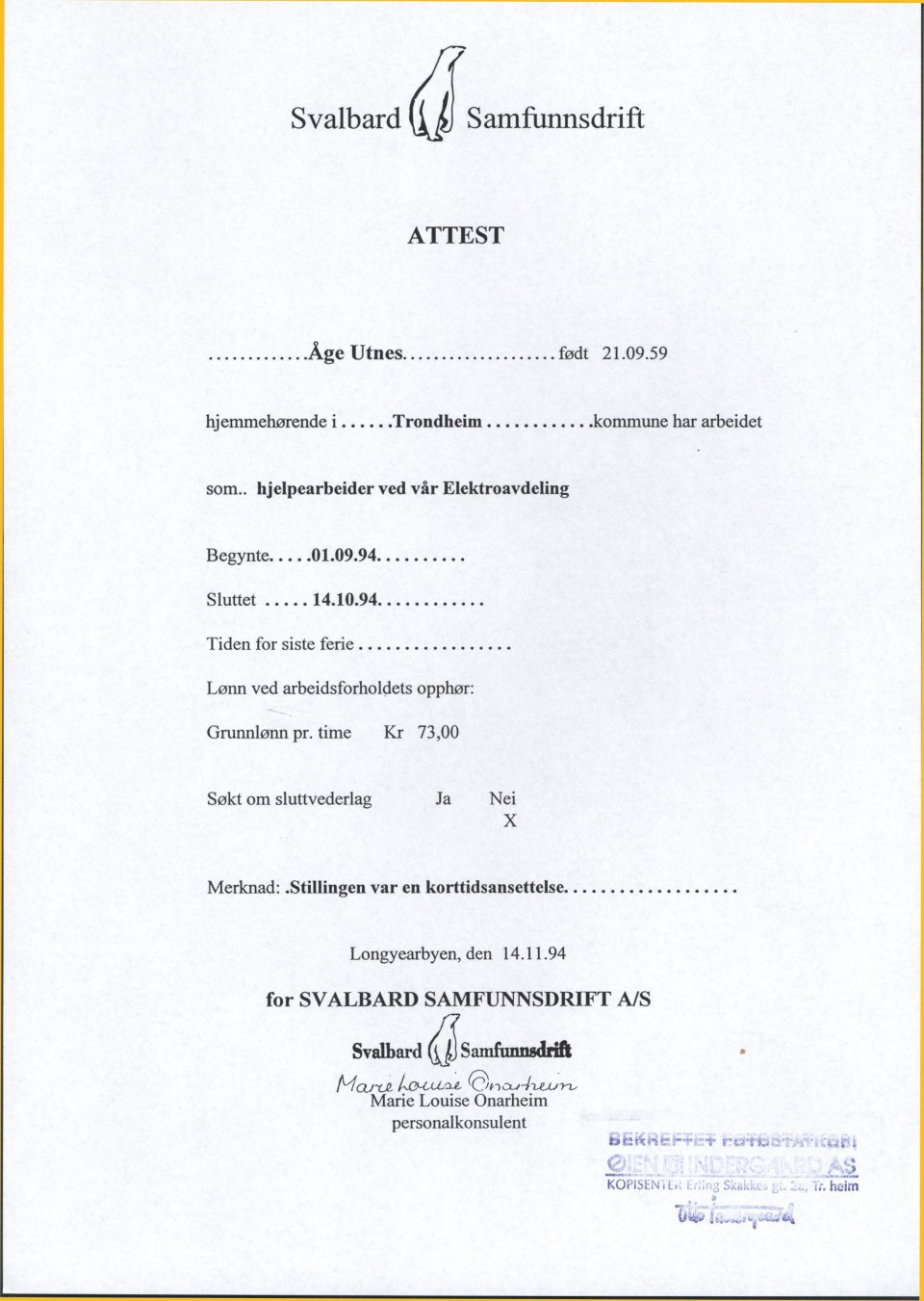 Attest for arbeid ved Elektroavdelingen, SSD 1994