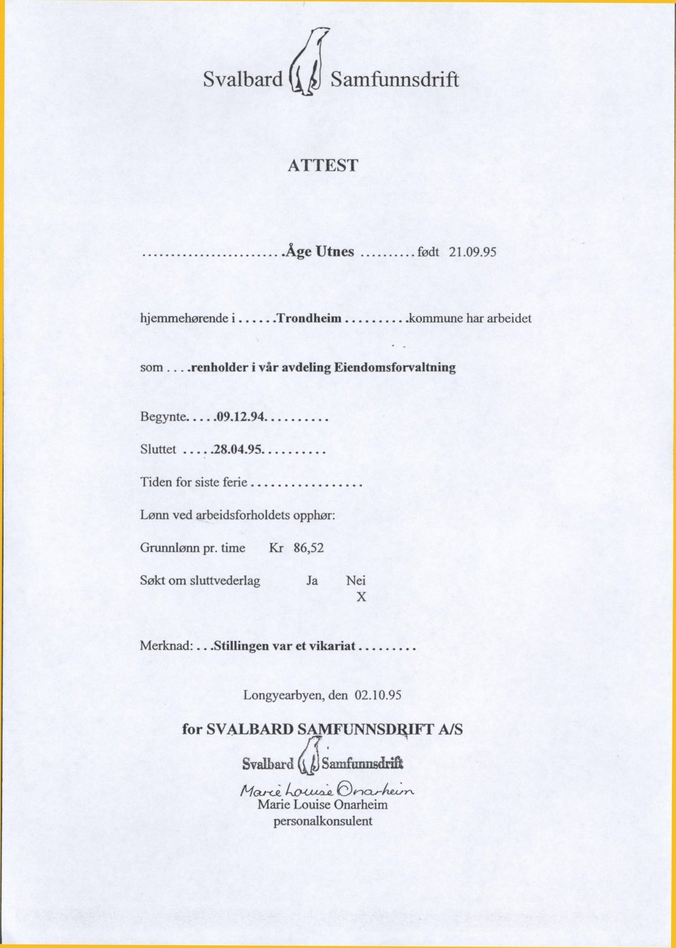 Attest for mer renholdsarbeid, SSD 1994-95