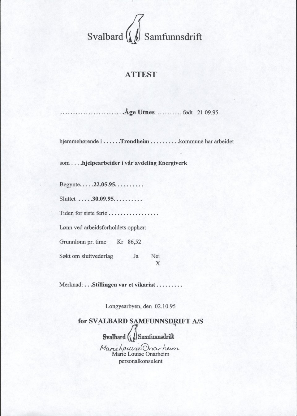 Attest for arbeid som hjelpearbeider ved Energiverket, 1995