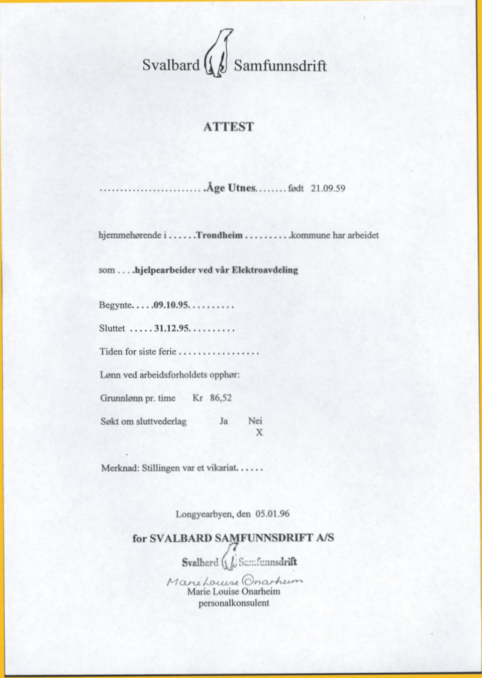 Attest for hjelpearbeid ved Elektroavdelingen, SSD 1995