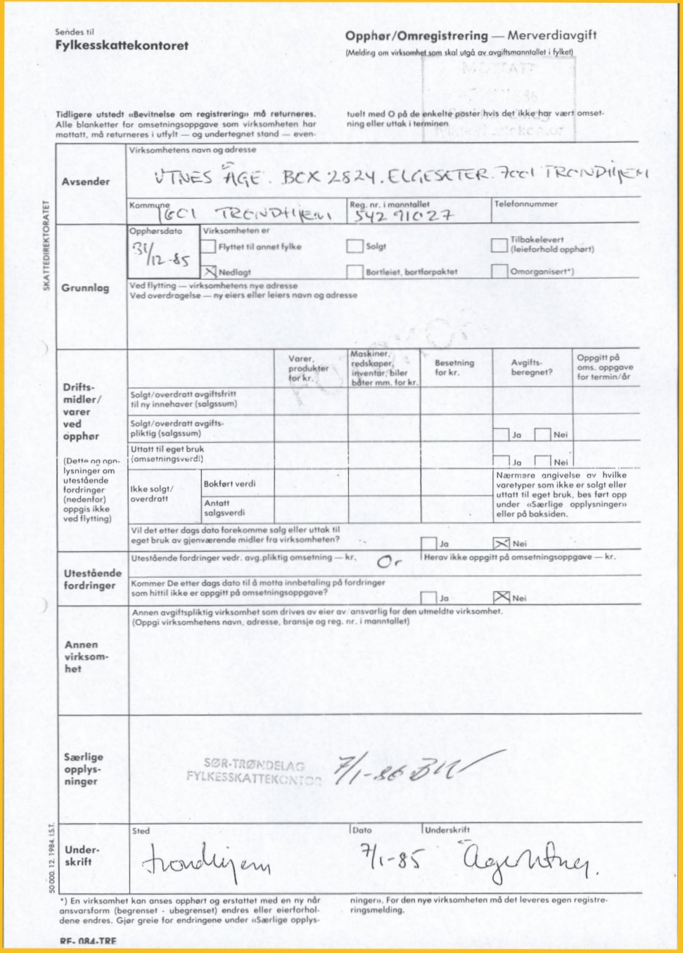 Attest fra utmelding fra merverdiavgiftsregisteret, opph&oslash;r 1985