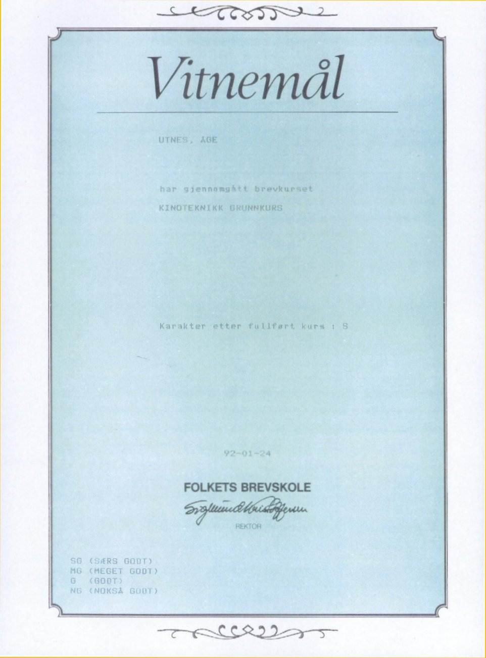 Kinoteknikk grunnkurs, Folkets Brevskole, 1991, landets inntil da nest beste karakter